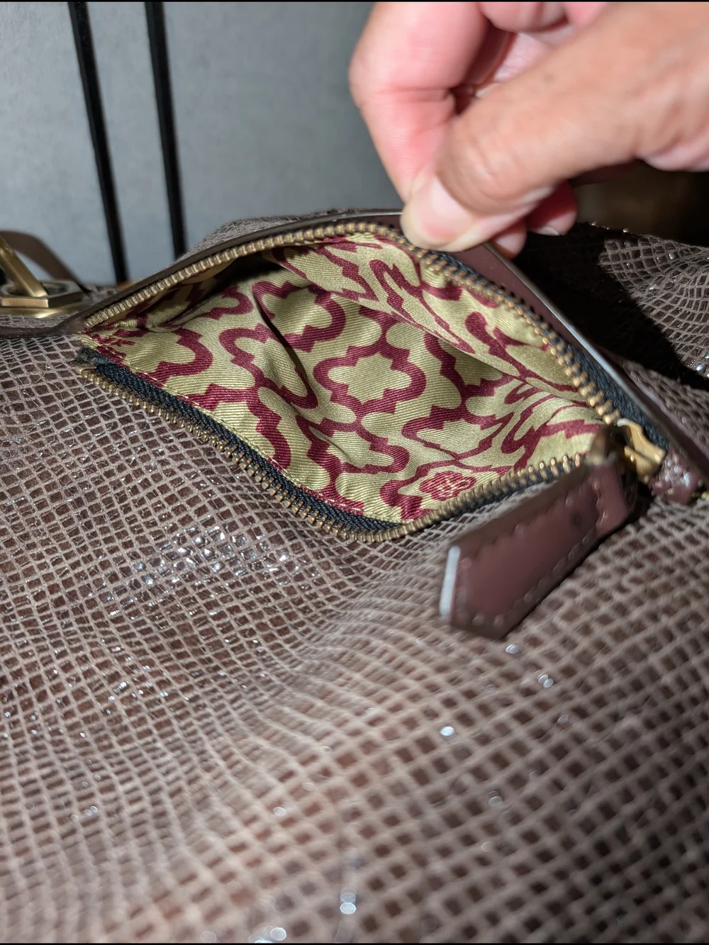 B. Makowsky Snakeskin-Embossed Bag | Taupe & Burgundy | Gold-Tone Hardware